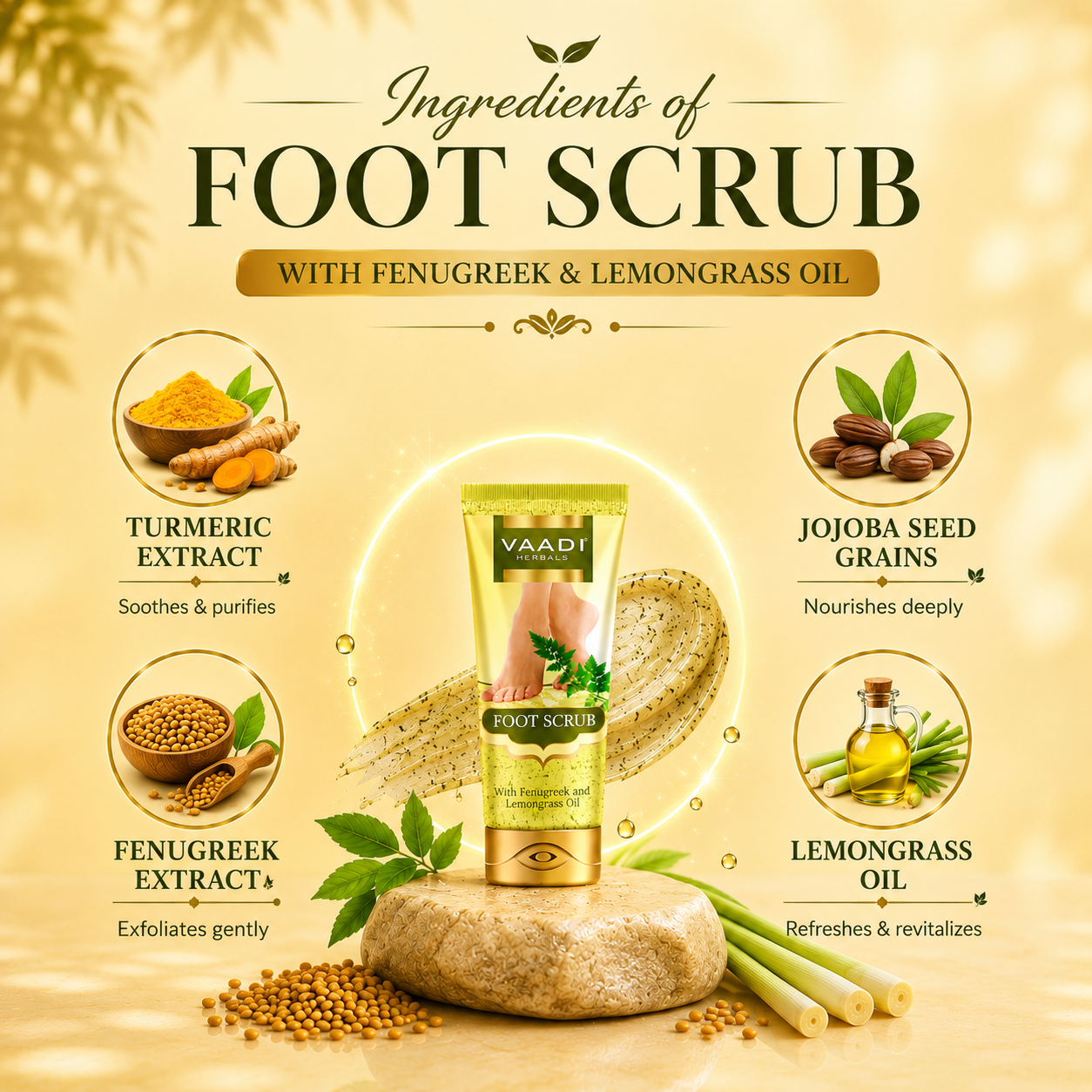 Foot Scrub with Fenugreek & Lemongrass Oil - Therapeutic Exfoliates - Rejuvenates Damaged Skin - Softens Skin (110 gms / 4 oz)