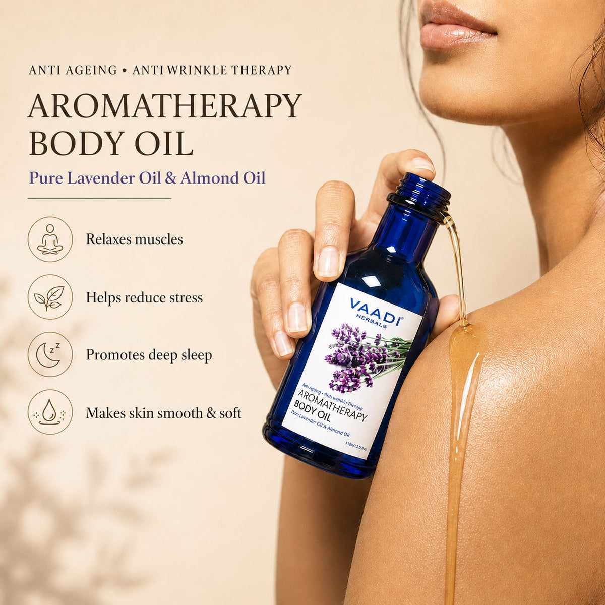 Lavender Body Oil with Almond Extract - Aromatherapy - Anti Ageing - Reduces Stress & Depression (110ml /4 fl oz)