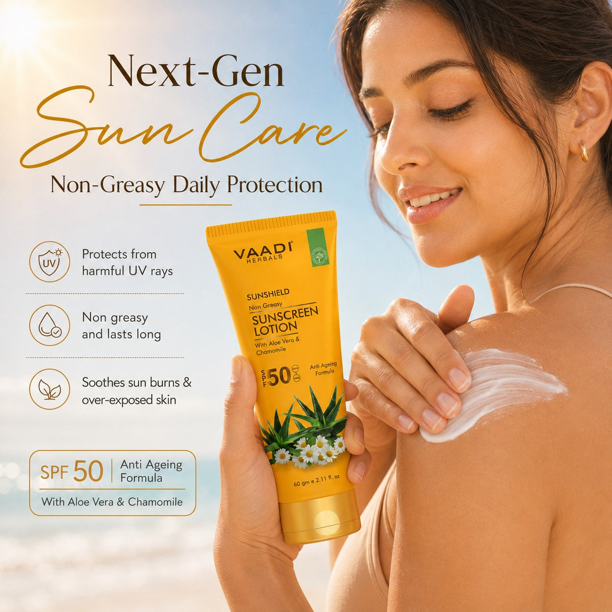 Sunscreen Lotion SPF 50 with Aloe Vera & Chamomile - Non Greasy - Long Lasting - Soothes Burnt Skin (2 x 110 ml/ 4 fl oz)