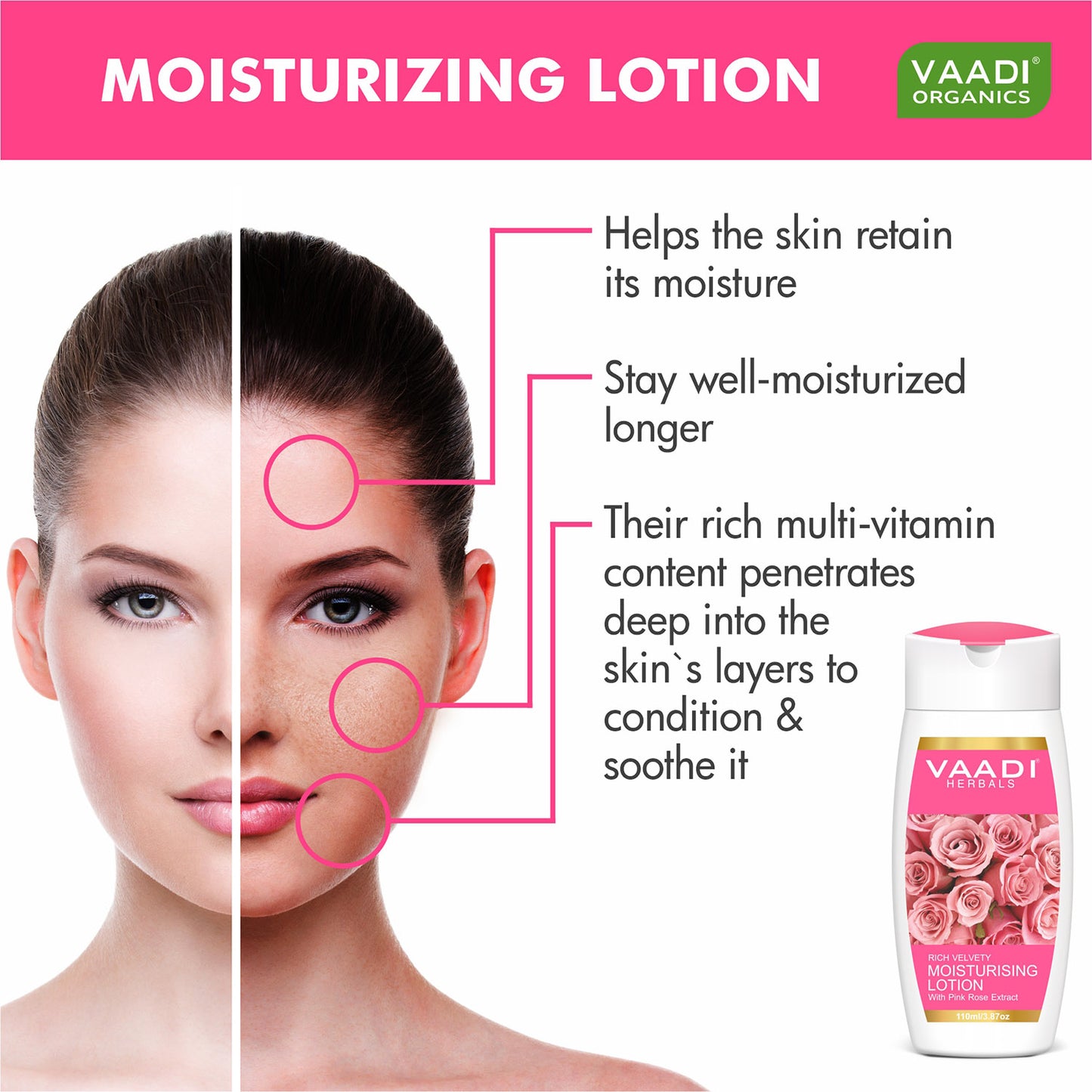Rich Velvety Moisturising Lotion with Pink Rose Extract - Retains Moisture in Skin - Makes Skin Velvety Soft (3 x 110 ml / 4 fl oz)