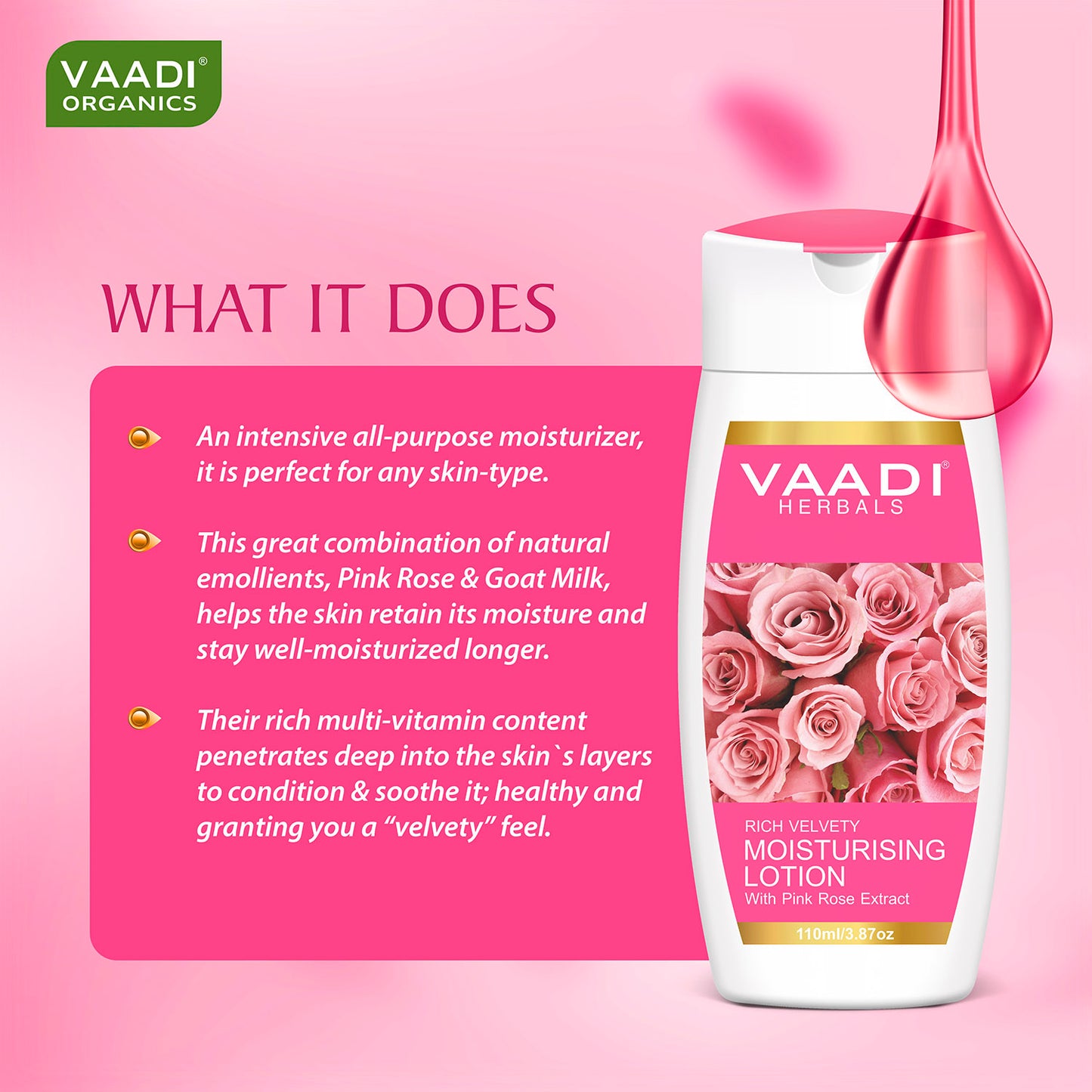 Rich Velvety Moisturising Lotion with Pink Rose Extract - Retains Moisture in Skin - Makes Skin Velvety Soft (3 x 110 ml / 4 fl oz)