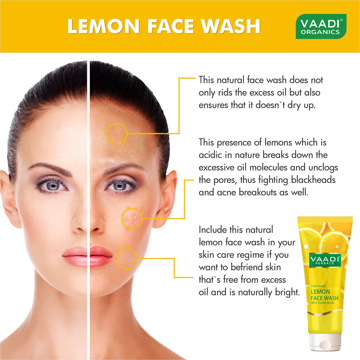 Skin Hydrating Organic Lemon Face Wash with Jojoba Beads - Removes Excess Oil - Prevents Acne (60 ml / 2.1 fl oz)