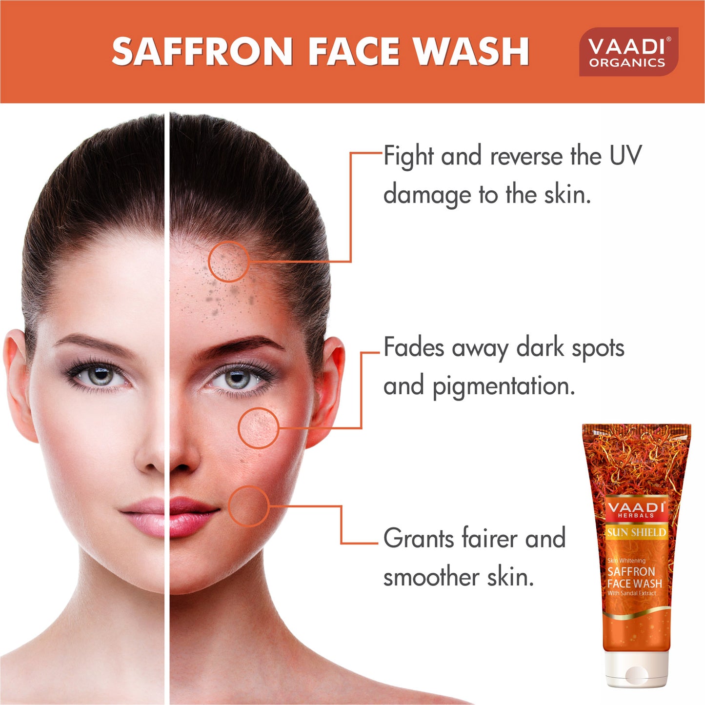 Skin Brightening Organic Saffron Face Wash with Sandalwood - Protects Skin from Sun - Lightens Pigmentation (60 ml/2.1 fl oz)