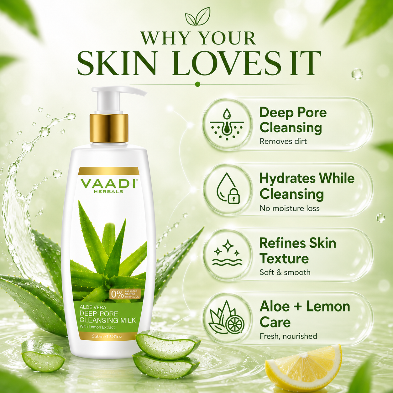Aloe Vera Deep Pore Cleansing Milk with Lemon Extract - Cleanses & Softens Skin - Locks In Moisture All Day (350 ml/ 12 fl oz)