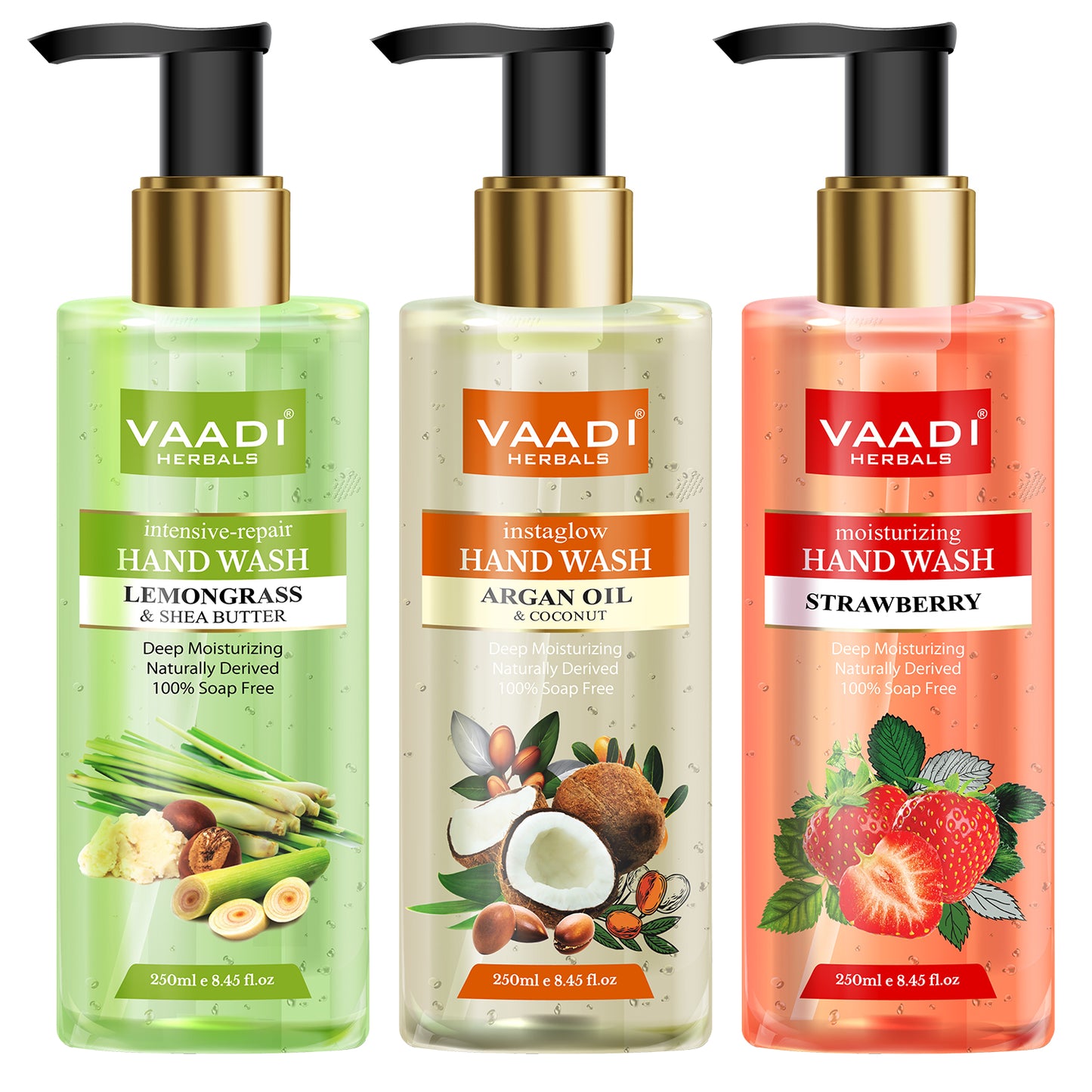 Pack of 3 Luxurious Handwash - Organic Argan Oil & Coconut, Lemongrass & SheaButter, Strawberry (3 x 250 ml / 8.5 fl oz )