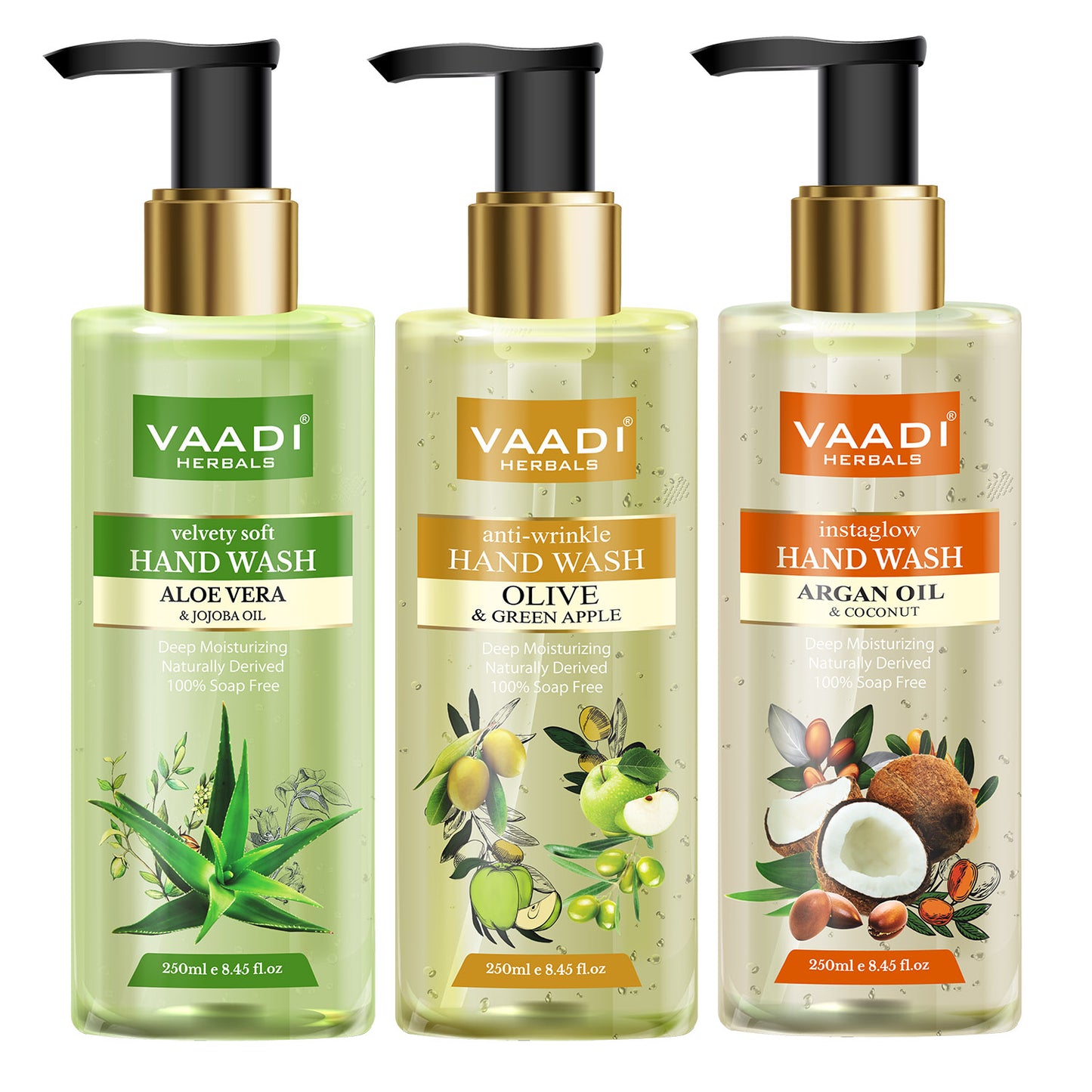 Pack of 3 Luxurious Handwash - Organic Aloe Vera & Jojoba Oil, Olive & Green Apple, Argan & Coconut (3 x 250 ml / 8.5 fl oz )