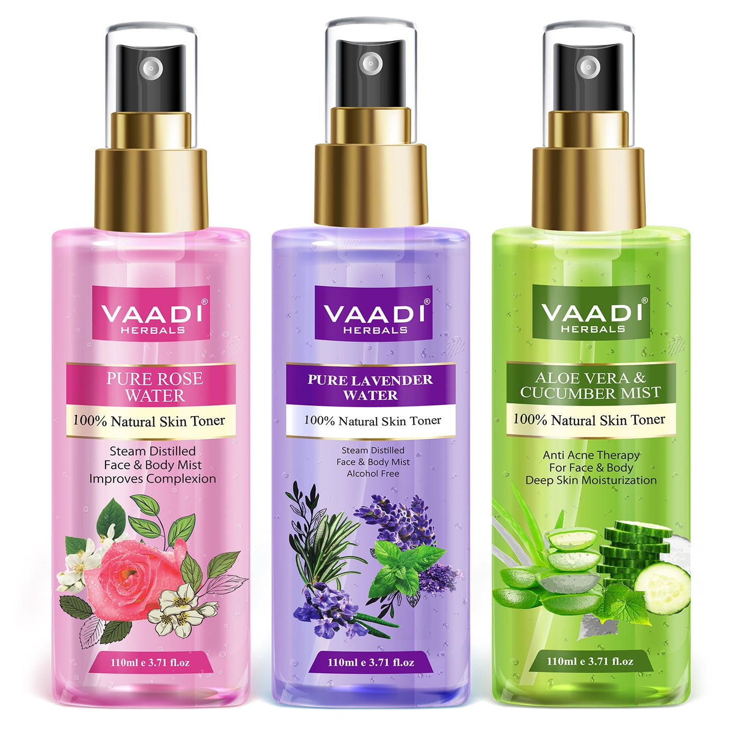 Pack of 3 Skin Toners - Rose Water, Lavender Water and Aloe Vera & Cucumber Mist - 100% Natural & Pure (3 x 110 ml / 4 fl oz)