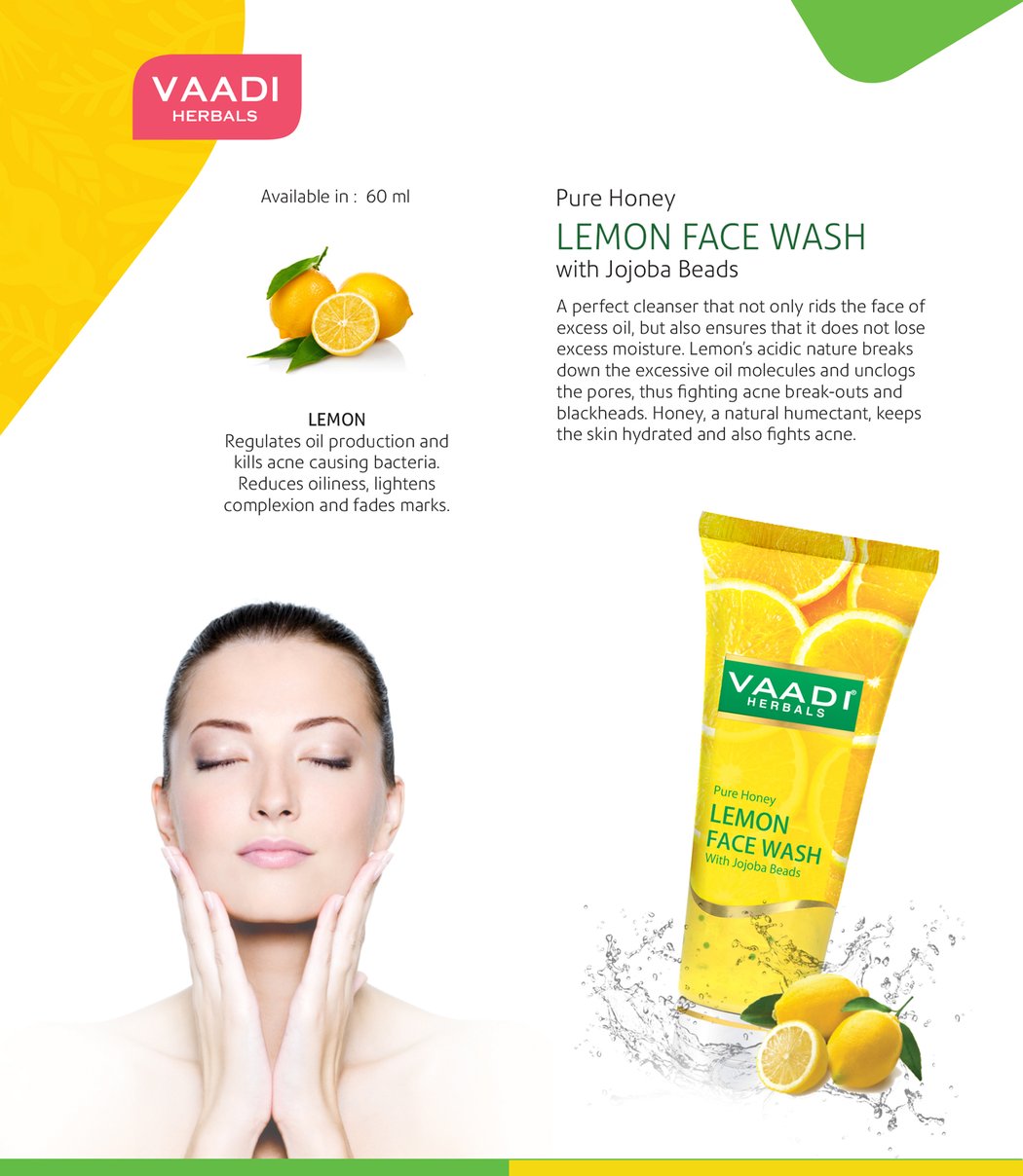 Skin Hydrating Organic Lemon Face Wash with Jojoba Beads - Removes Excess Oil - Prevents Acne (4 x 60 ml / 2.1 fl oz)