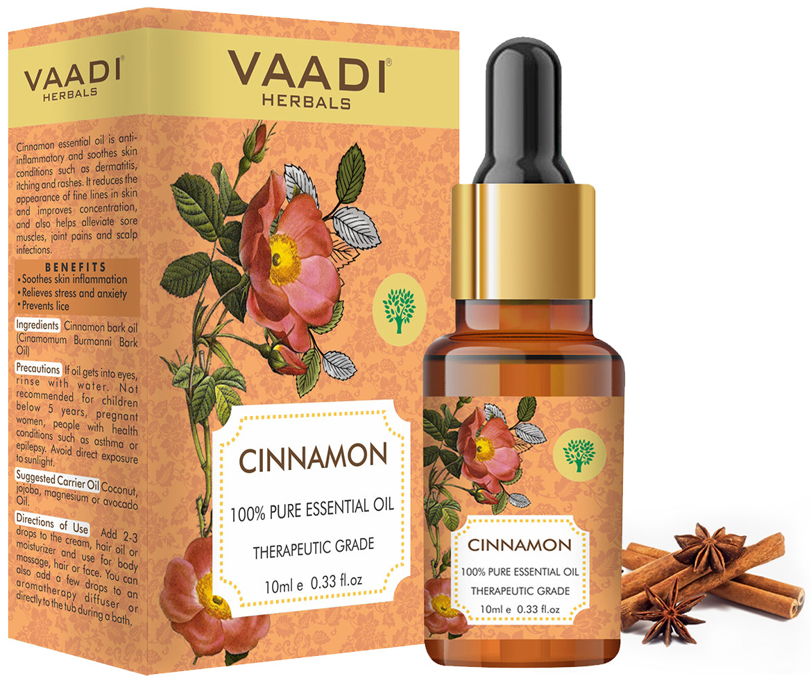 Organic Cinnamon Essential Oil - Soothes Skin Inflammation, Relieves Stress & Anxiety & Improves Concentration - (10 ml/ 0.33 oz)