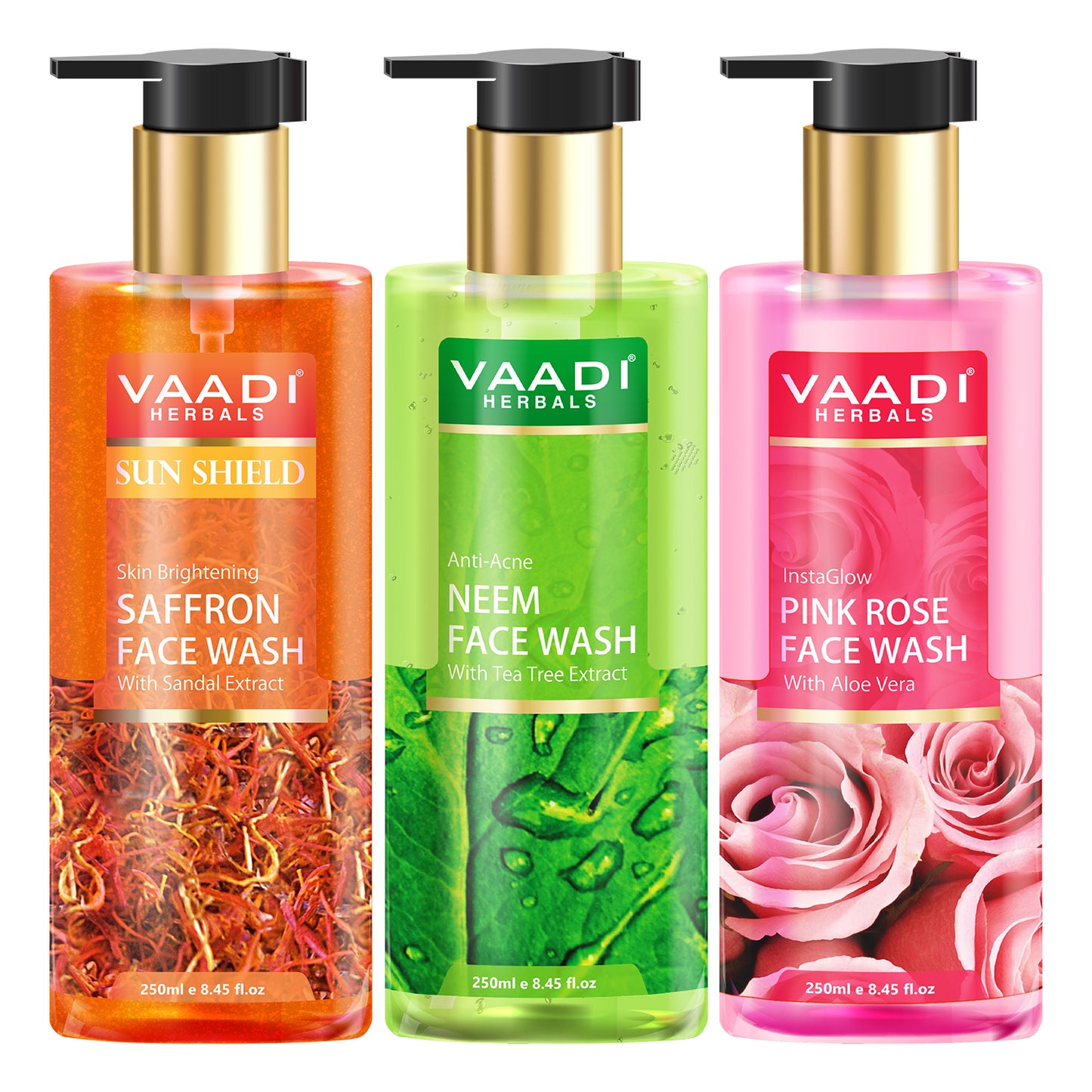 Pack of 3 Luxurious Face Wash - Skin Brightening Saffron, Anti-Acne Neem & Insta Glow Pink Rose Face Wash(3 x 250 ml / 8.5 fl oz)