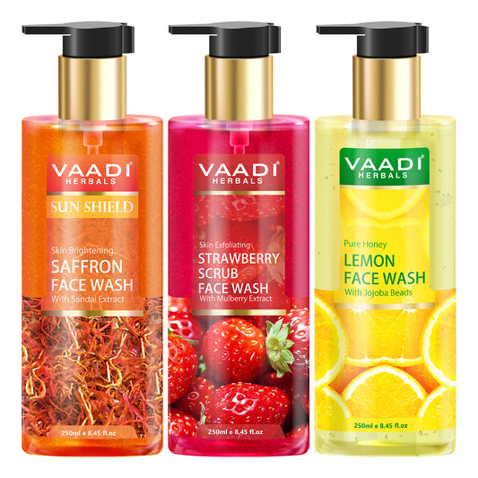 Pack of 3 Luxurious Face Wash - Skin Brightening Saffron, Strawberry Scrub & Pure Honey Lemon (3 x 250 ml / 8.5 fl oz)