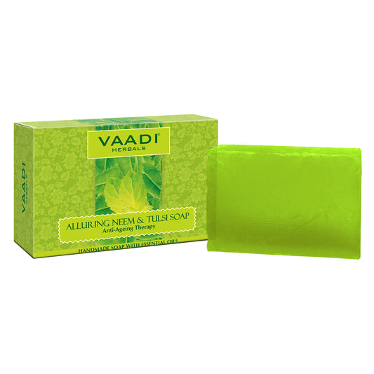 Organic Alluring Neem Tulsi Soap with Aloe Vera, Vitamin E & Tea Tree Oil - Prevents Ageing - Protects Skin (75 gms / 2.7 oz)