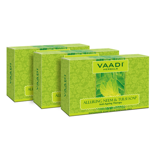 Organic Alluring Neem Tulsi Soap with Aloe Vera, Vitamin E & Tea Tree Oil - Prevents Ageing - Protects Skin (3 x 75 gms / 2.7 oz)