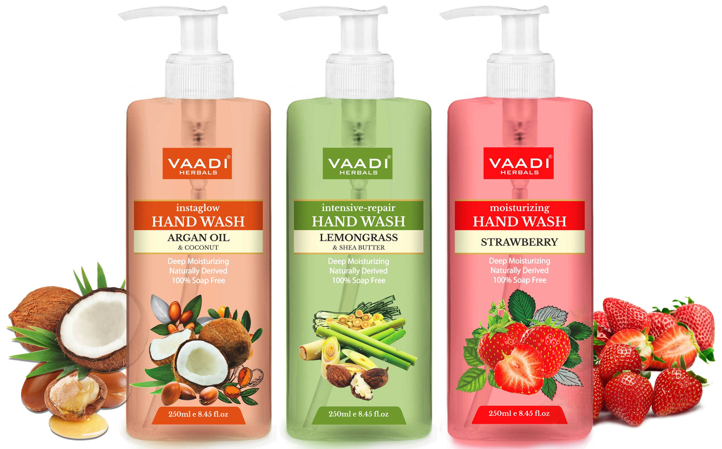 Pack of 3 Luxurious Handwash - Organic Argan Oil & Coconut, Lemongrass & SheaButter, Strawberry (3 x 250 ml / 8.5 fl oz )