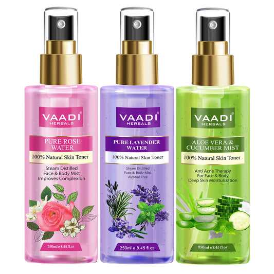 Pack of 3 Skin Toners - Rose Water, Lavender Water and Aloe Vera & Cucumber Mist - 100% Natural & Pure (3 x 250 ml / 8.5 fl oz)