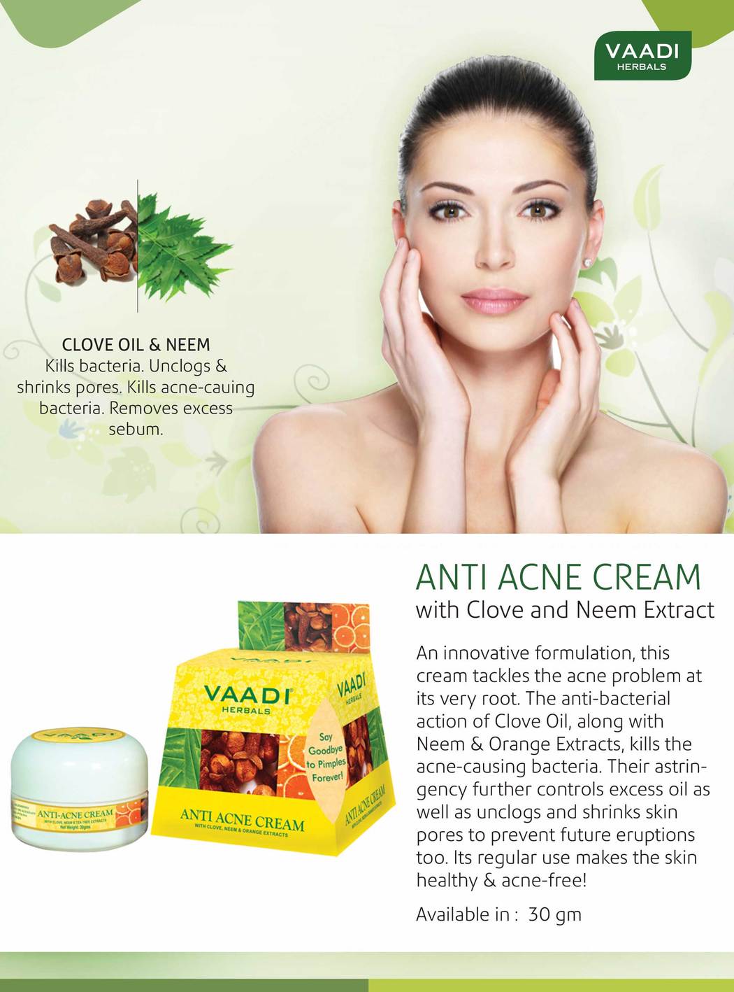 Anti Acne Organic Cream with Clove Oil & Neem Extract - Anti Bacterial Therapy - Controls Excess Oil - Prevents Acne (3 x 30 gms / 1.1 oz)