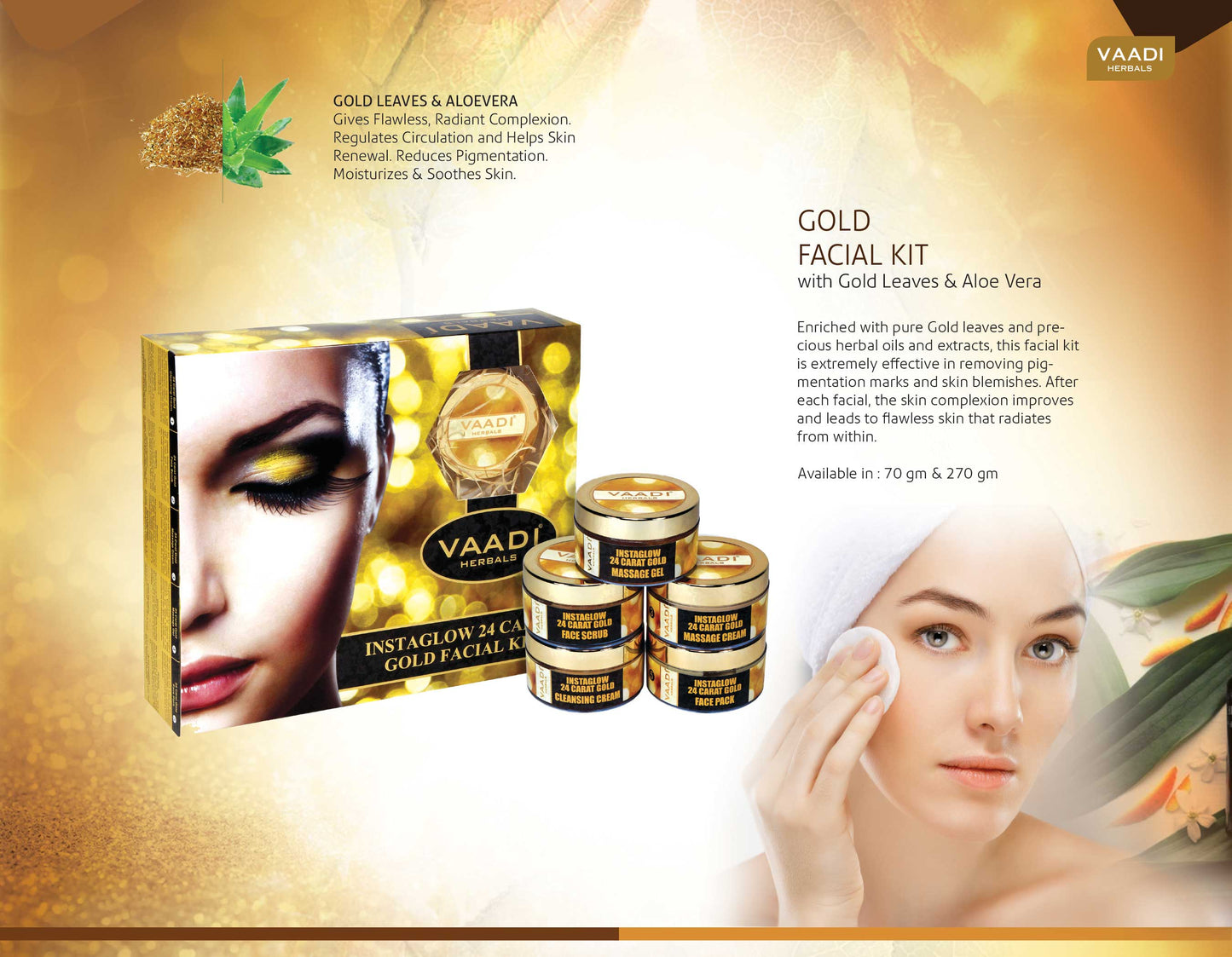 Organic 24 Carat Gold Facial Kit with Gold Leaves, Marigold & Wheatgerm Oil, Lemon Peel - Brightens Skin and Gives Glow (270 gms/9.6 oz)