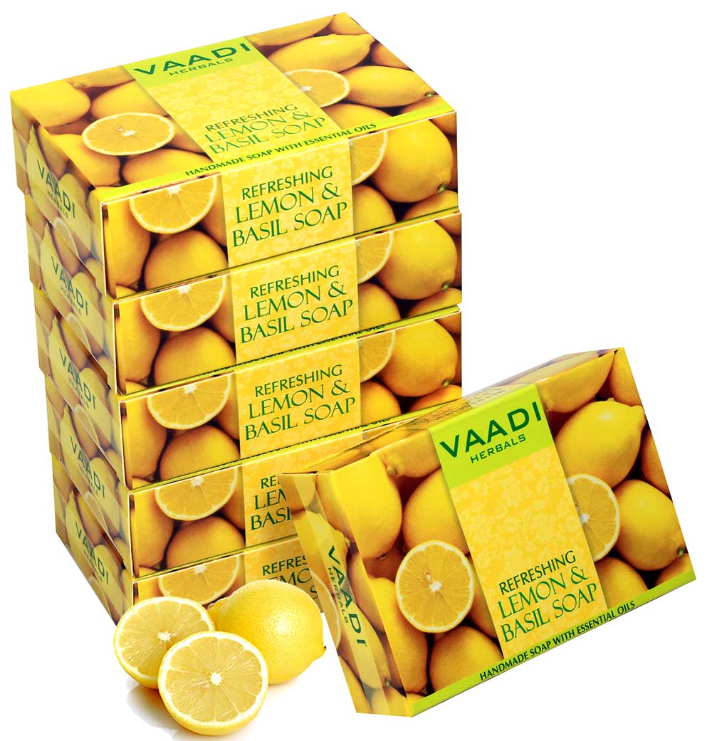 Refreshing Organic Lemon & Basil Soap - Tones & Brightens Skin - Detoxifies Skin Deep (6 x 75 gms / 2.7 oz)