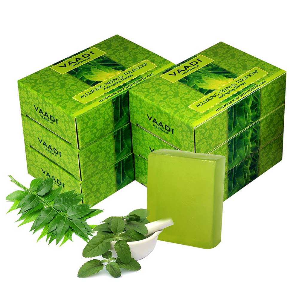 Organic Alluring Neem Tulsi Soap with Aloe Vera, Vitamin E & Tea Tree Oi - Prevents Ageing - Protects Skin (6 x 75 gms / 2.7 oz)