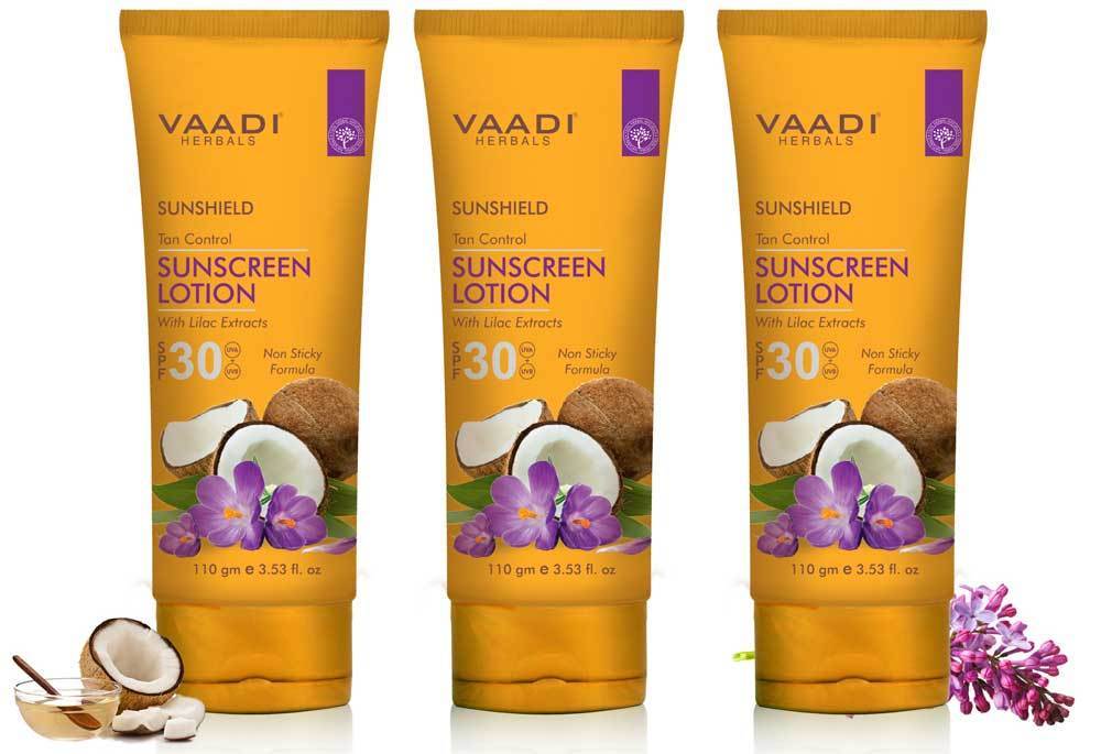 Organic Sunscreen Lotion SPF 30 wth Lilac Extract - Anti oxidant Rich - Long Lasting - Protects from Sun Tan (3 x 110 ml / 4 fl oz)